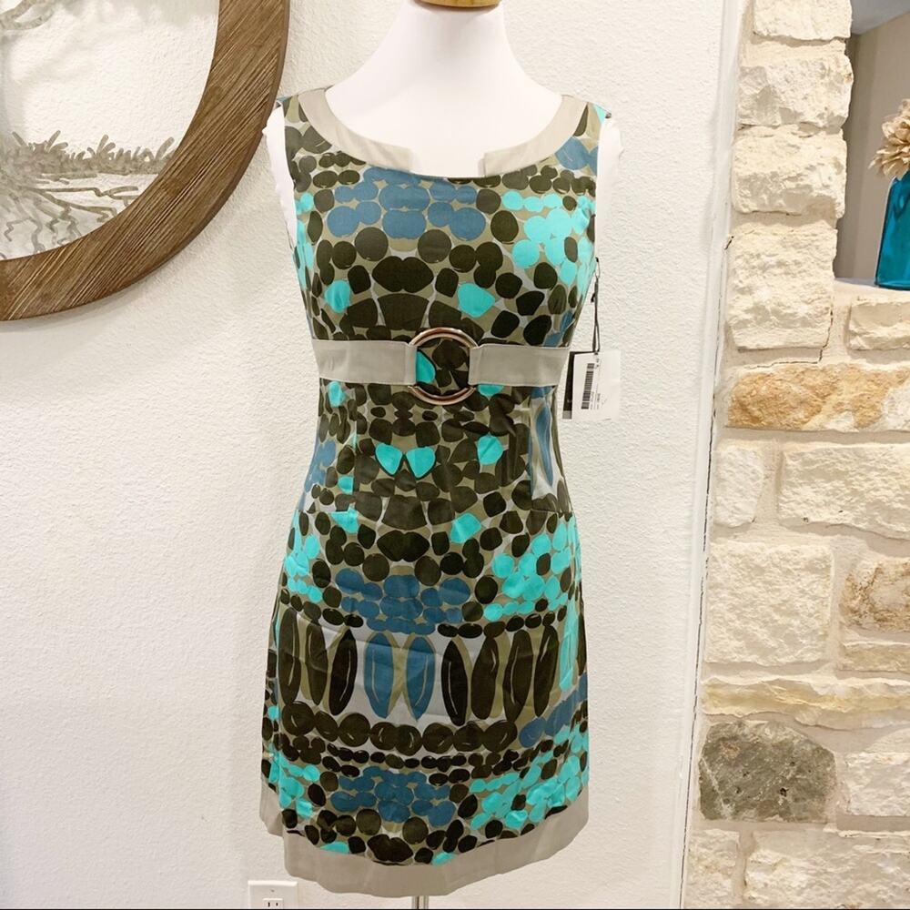 NWT Sandro Ferrone Mod Circle Printed Dress Metal Belt Teal Taupe 42 4 6